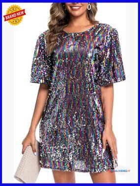 Sequin Shift Dress with V-Neck Back, Loose Fit for Party Club Cocktail